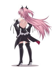 Rule 34 | 10s, 1girl, black dress, black footwear, black thighhighs, boots, detached sleeves, dress, from behind, full body, hair ornament, hands on own hips, high heel boots, high heels, krul tepes, kyuutou (kyuutouryuu), long hair, owari no seraph, pink hair, pointy ears, simple background, solo, thigh boots, thighhighs, white background