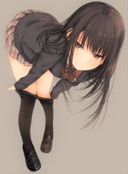Rule 34 | 1girl, beige background, bent over, black eyes, black footwear, black hair, black pantyhose, bow, bowtie, cardigan, closed mouth, clothes pull, female focus, full body, highres, kirisawa saki, knees together feet apart, loafers, long hair, long sleeves, looking away, miniskirt, original, pantyhose, pantyhose pull, plaid, plaid skirt, pleated skirt, red bow, red bowtie, school uniform, shoes, simple background, skirt, solo, standing, straight hair