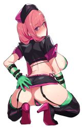 Rule 34 | 1girl, ass, back, bikini, blush, boots, breasts, closed mouth, crotch, fate/grand order, fate (series), florence nightingale (fate), florence nightingale (trick or treatment) (fate), from behind, gloves, green bikini, green gloves, green thighhighs, hat, high heel boots, high heels, highres, large breasts, layered bikini, long hair, looking at viewer, looking back, microskirt, miniskirt, nurse cap, official alternate costume, pink hair, revealing clothes, rubber gloves, shrug (clothing), side-tie skirt, simple background, skirt, solo, squatting cowgirl position, suisogenshi, swimsuit, thigh boots, thighhighs, thighhighs under boots