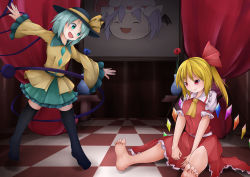 Rule 34 | &gt;:), 2girls, :d, absurdres, barefoot, black legwear, blonde hair, blouse, blue hair, blush, checkered floor, crystal, curtains, fang, fang out, flandre scarlet, flower, green eyes, hat, highres, komeiji koishi, mob cap, multiple girls, no shoes, open mouth, outstretched arms, picture frame, portrait (object), red eyes, remilia scarlet, shirt, shou (ahiru shinobu), side ponytail, sitting, skirt, skirt set, smile, spread arms, thighhighs, tile floor, tiles, toes, touhou, trait connection, v-shaped eyebrows, vase, vest, wings, yukkuri shiteitte ne