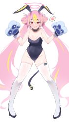 Rule 34 | + +, 1girl, absurdres, animal ears, animal hands, bare shoulders, black footwear, blue archive, blush, blush stickers, breasts, cleavage, collar, covered navel, full body, gloves, groin, halo, hands up, high heels, highres, koyuki (blue archive), koyuki (bunny) (blue archive), legs apart, long hair, looking at viewer, multicolored hair, open mouth, paw gloves, pink hair, plentyofempty, rabbit ears, red eyes, simple background, small breasts, smile, solo, spoken blush, standing, streaked hair, tail, thighhighs, twintails, very long hair, white background, white thighhighs