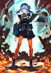 Rule 34 | 1girl, absurdres, belt, beret, black choker, black skirt, blue eyes, blue hair, blue jacket, boots, choker, explosion, fire, full body, green ribbon, grin, hat, hat ribbon, highres, holding, holding microphone, hololive, hoshimachi suisei, hoshimachi suisei (3rd costume), jacket, jewelry, long hair, looking at viewer, microphone, miniskirt, neck ribbon, off shoulder, official alternate costume, official alternate hairstyle, orange pantyhose, outstretched arm, pantyhose, ribbon, ring, skirt, smile, solo, standing, thigh strap, v-shaped eyebrows, virtual youtuber, yellow takano