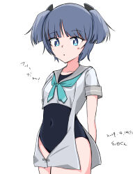 Rule 34 | 1girl, aqua neckerchief, arms behind back, black one-piece swimsuit, blue eyes, covered navel, cowboy shot, grey hair, grey sailor collar, headgear, highres, i-36 (kancolle), kantai collection, neckerchief, one-hour drawing challenge, one-piece swimsuit, sailor collar, sailor shirt, school swimsuit, shirt, simple background, solo, swimsuit, twintails, wada-kun, white background, white shirt