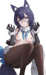 Rule 34 | 1girl, absurdres, animal ear fluff, animal ears, black gloves, black pantyhose, blue eyes, breasts, elbow gloves, feet out of frame, glasses, gloves, hair ornament, hands up, hasu no shiro, highres, honkai: star rail, honkai (series), long hair, looking at viewer, medium breasts, nipples, open mouth, pantyhose, pela (honkai: star rail), purple hair, purple tail, round eyewear, solo, topless, white background