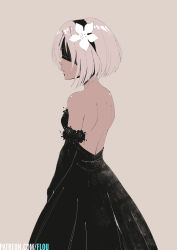 Rule 34 | 1girl, back, bare shoulders, black dress, black hairband, blindfold, breasts, covered eyes, dress, elbow gloves, flou (flou art), flower, from behind, gloves, hair flower, hair ornament, hairband, highres, medium breasts, mole, mole under mouth, nier (series), nier:automata, patreon username, short hair, silver hair, solo, strapless, strapless dress, 2b (nier:automata)