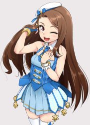 Rule 34 | 10s, 1girl, beret, brown hair, fingerless gloves, gloves, hat, idolmaster, idolmaster (classic), idolmaster platinum stars, long hair, looking at viewer, mamezou, minase iori, one eye closed, open mouth, red eyes, single glove, solo, thighhighs, wrist cuffs