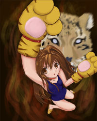 Rule 34 | 00s, aisaka taiga, animal hands, bad id, bad pixiv id, brown eyes, brown hair, gyo (independant), leopard, long hair, one-piece swimsuit, slippers, solo, swimsuit, tiger paws, toradora!