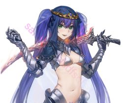 Rule 34 | 1girl, bikini, black ribbon, breasts, circlet, commentary, copyright request, dark souls (series), eyebrows hidden by hair, female pubic hair, flaming sword, flaming weapon, gauntlets, green eyes, grey bikini, hair between eyes, hair ribbon, hands up, highres, holding, holding sword, holding weapon, long hair, looking at viewer, medium breasts, navel, parted lips, pubic hair, purple hair, qiongsheng, ribbon, see-through, smile, solo, swimsuit, sword, twintails, veil, very long hair, watermark, weapon, white background