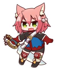 Rule 34 | 1girl, 7th dragon, 7th dragon (series), :d, animal ear fluff, animal ears, belt, belt buckle, bike shorts, black footwear, black shorts, blue jacket, blush, boots, buckle, cat ears, chibi, commentary request, fang, fighter (7th dragon), full body, gloves, green eyes, hair between eyes, hair bobbles, hair ornament, harukara (7th dragon), holding, holding sword, holding weapon, jacket, knee boots, long hair, long sleeves, looking at viewer, naga u, one eye closed, open mouth, pink hair, red gloves, short shorts, shorts, simple background, smile, solo, striped clothes, striped thighhighs, sword, thighhighs, thighhighs under boots, weapon, white background, white belt