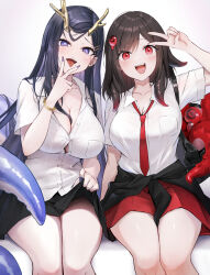 2girls absurdres alternate_costume azur_lane bag black_cardigan black_skirt bracelet breasts brown_hair bursting_breasts button_gap buttons cardigan cardigan_around_waist cleavage clothes_around_waist clothes_lift collarbone collared_shirt commentary cunnilingus_gesture golden_hind_(azur_lane) gyaru heart heart-shaped_pupils highres horns jewelry kai_(esugi) kogal large_breasts legs_together lifting_own_clothes long_hair looking_at_viewer loose_necktie medium_hair mole mole_under_mouth multiple_girls nail_polish necktie open_mouth pleated_skirt purple_eyes purple_hair purple_nails red_eyes red_necktie red_skirt royal_fortune_(azur_lane) school_bag school_uniform sharp_teeth shirt short_sleeves sitting skirt skirt_lift smile symbol-shaped_pupils teeth tentacle_hair thighs tongue tongue_out v v_over_mouth very_long_hair white_shirt