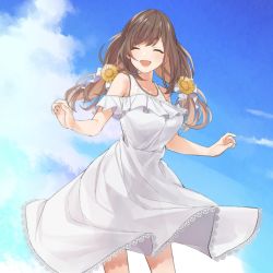 Rule 34 | 1girl, bare shoulders, bow, breasts, brown eyes, brown hair, cloud, dress, flower, hair bow, hair flower, hair ornament, idolmaster, idolmaster shiny colors, large breasts, long hair, open mouth, pekoni (peconi), sky, smile, solo, standing, tsukioka kogane, twintails, white dress
