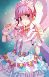 Rule 34 | 1girl, blunt bangs, blush, bow, bowtie, center frills, cowboy shot, dress, dress bow, frilled dress, frilled hairband, frills, gradient background, hair bow, hair ornament, hair ribbon, hairband, hand up, hands up, headdress, heart, high ponytail, highres, holding, holding microphone, idol, idol land pripara, idol time pripara, layered dress, lolita fashion, lolita hairband, long hair, looking at viewer, manaka non, microphone, open mouth, pink bow, pink bowtie, pink dress, pink hairband, pink ribbon, ponytail, pretty series, priority9, pripara, puffy short sleeves, puffy sleeves, purple eyes, purple hair, rabbit hair ornament, ribbon, short sleeves, sidelocks, solo, sparkle, upper body, v, very long hair, white dress, wrist cuffs