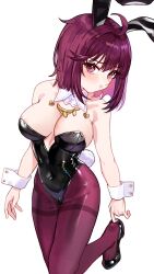 Rule 34 | 1girl, :t, ahoge, animal ears, atelier (series), atelier sophie, bare shoulders, black footwear, black leotard, covered navel, detached collar, fake animal ears, fake tail, highres, leotard, looking at viewer, pantyhose, pink eyes, playboy bunny, pout, purple eyes, rabbit ears, rabbit tail, red pantyhose, ryuuno6, short hair, simple background, sophie neuenmuller, tail, white background