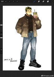 Rule 34 | 1boy, art program in frame, bara, beard stubble, belt, cup, denim, disposable cup, facial hair, full body, highres, jacket, jeans, male focus, oc (powerlesssong), one eye closed, original, pants, powerlesssong, shirt tucked in, shoes, short hair, smile, sneakers, solo, standing, stubble, thick eyebrows