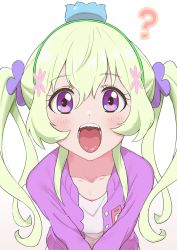 Rule 34 | 1girl, ?, aikatsu! (series), aikatsu stars!, blush, clueless, dress, flower, flower on head, futaba aria, green hair, grey background, hair flower, hair ornament, hairband, highres, jacket, long hair, long sleeves, looking at viewer, open mouth, oral invitation, osame, purple eyes, purple jacket, simple background, solo, twintails, white dress
