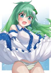 Rule 34 | 1girl, absurdres, aqua eyes, bare shoulders, blue skirt, blush, border, clothes lift, commission, cowboy shot, detached sleeves, frog hair ornament, green hair, hair between eyes, hair ornament, highres, japanese clothes, kochiya sanae, long hair, nontraditional miko, open mouth, panties, pixiv commission, ramie (ramie541), revision, skirt, skirt lift, snake hair ornament, solo, striped clothes, striped panties, touhou, underwear, white border, white sleeves, wide sleeves, wind, wind lift