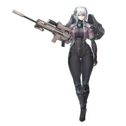 Rule 34 | 1girl, bodysuit, braid, expressionless, full body, game cg, gun, hair between eyes, highres, last origin, long hair, looking at viewer, official art, rifle, silver hair, sima (startwitch), sniper rifle, solo, suppressor, tachi-e, transparent background, twin braids, weapon, wide hips, wraith (last origin)