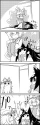 Rule 34 | 1girl, 4koma, ^^^, animal ears, animal hat, bound, brooch, closed eyes, comic, commentary request, fox tail, greyscale, hands in opposite sleeves, hat, hat ribbon, high five, highres, imaizumi kagerou, jewelry, long sleeves, mob cap, monochrome, multiple tails, open mouth, pole, ribbon, short hair, smile, tail, tani takeshi, tassel, tied up (nonsexual), too many, touhou, translation request, wide sleeves, wolf ears, wolf tail, yakumo ran, yakumo yukari, yukkuri shiteitte ne