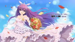 Rule 34 | 10s, 1girl, :d, bare shoulders, bird, blue sky, bouquet, bow, breasts, character name, cleavage, cloud, collarbone, commentary request, copyright name, cowboy shot, cross, cross earrings, cross necklace, date a live, dated, day, dress, earrings, elbow gloves, flower, flowing dress (dq), frilled dress, frills, garter straps, gloves, hair bow, happy birthday, highres, holding, holding bouquet, jewelry, lens flare, long hair, looking at viewer, necklace, neps-l, off shoulder, open mouth, petals, pink dress, ponytail, purple eyes, purple hair, red flower, skirt hold, sky, smile, solo, thighhighs, tiara, very long hair, white gloves, white thighhighs, wind, yatogami tooka, yellow flower