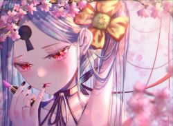 Rule 34 | 1girl, abigail williams (fate), arm up, bare shoulders, blurry, blurry foreground, branch, closed mouth, collarbone, commentary request, depth of field, fate/grand order, fate (series), flower, grey hair, hand up, keyhole, kinom (sculpturesky), long hair, looking at viewer, parted bangs, pink flower, pink lips, portrait, red eyes, solo
