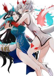 Rule 34 | 2girls, :p, arknights, arm around shoulder, arm tattoo, bare shoulders, black hair, braid, breasts, china dress, chinese clothes, clothing cutout, colored skin, dragon girl, dragon horns, dragon tail, dress, dusk (arknights), dusk (everything is a miracle) (arknights), flame-tipped tail, green dress, green skin, hair bun, hair ornament, hairpin, high heels, highres, horns, iwashi 80, large breasts, leg between thighs, leg tattoo, long hair, multicolored hair, multiple girls, nian (arknights), nian (unfettered freedom) (arknights), official alternate costume, open mouth, orange eyes, pelvic curtain, purple eyes, red hair, red skin, siblings, simple background, single hair bun, sisters, sleeveless, sleeveless dress, streaked hair, tail, tail ornament, tail ring, tail through clothes, tattoo, tongue, tongue out, v, white background, white dress, white footwear, white hair