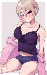 Rule 34 | 1girl, black shorts, blush, breasts, camisole, cardigan, cleavage, collarbone, earrings, eda31, grey hair, head tilt, highres, idolmaster, idolmaster cinderella girls, jewelry, large breasts, light smile, looking at viewer, midriff, navel, pink cardigan, purple camisole, shiomi syuko, short hair, short shorts, shorts, simple background, solo, two-tone background