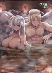 Rule 34 | 1boy, 1girl, abs, animal ears, bathing, blonde hair, blue eyes, blush, breasts, commentary request, commission, completely nude, ears down, facial hair, grey hair, highres, karee no sekai, large breasts, long hair, mixed-sex bathing, muscular, muscular male, nipples, nude, onsen, original, scar, scar on face, shared bathing, short hair, skeb commission, steam, tail, wolf ears, wolf tail