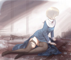 Rule 34 | 1girl, baroque (sound horizon), black thighhighs, bob cut, brown hair, covered eyes, dated, elysion, eri (artist), full body, garter belt, garter straps, indoors, leaning to the side, legs, nun, short hair, sitting, solo, sound horizon, thighhighs, torn clothes, torn thighhighs, wooden floor