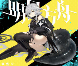 Rule 34 | 1girl, ahoge, arknights, ass, banxuan c2ka, bare shoulders, black footwear, black panties, black thighhighs, boots, breasts, brown eyes, chinese commentary, commentary request, crocodilian tail, gloves, goggles, goggles around neck, grey gloves, grin, highres, large tail, long hair, long sleeves, looking at viewer, medium breasts, panties, parted lips, partial commentary, pointy ears, silver hair, smile, solo, tail, thighhighs, thighs, tomimi (arknights), torn clothes, torn thighhighs, underwear, very long hair