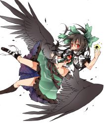 Rule 34 | 1girl, belt, bird wings, black hair, black wings, bow, energy ball, hair bow, highres, leg ribbon, long hair, midriff, multiple belts, navel, open clothes, open mouth, open shirt, puffy short sleeves, puffy sleeves, red eyes, reiuji utsuho, ribbon, shirt, short sleeves, simple background, skirt, solo, space, tattoo, third eye, touhou, toutenkou, upskirt, very long hair, wings