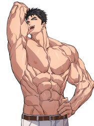 Rule 34 | 1boy, abs, bara, black hair, blue eyes, cowboy shot, domo (domo kizusuki), hand on own hip, highres, kokado shido (domo), large pectorals, licking own arm, looking at viewer, male focus, muscular, muscular male, navel, nipples, original, pectorals, short hair, shredded muscles, sideburns, simple background, smile, solo, thick eyebrows, tongue, tongue out, topless male, veins, veiny arms, white background