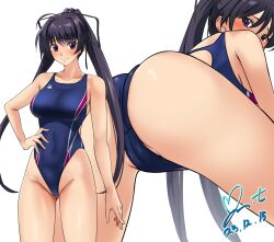 Rule 34 | 1girl, ass, bare legs, black eyes, black hair, blue one-piece swimsuit, breasts, commission, competition swimsuit, dated, hair ribbon, hand on own hip, highleg, highleg swimsuit, highres, large breasts, long hair, looking ahead, looking at viewer, looking back, memories off 2nd, one-piece swimsuit, pixiv commission, ponytail, revision, ribbon, signature, simple background, solo, standing, suzuna takano, swimsuit, thighs, two-tone swimsuit, white background, yoo tenchi