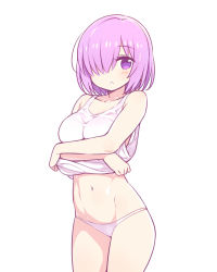 Rule 34 | 1girl, abs, breasts, chan co, commentary request, cowboy shot, fate/grand order, fate (series), hair over one eye, large breasts, looking at viewer, mash kyrielight, navel, no pants, panties, parted lips, pink hair, purple eyes, short hair, simple background, solo, tank top, underwear, undressing, white background, white panties
