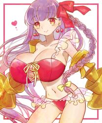 Rule 34 | 1girl, bikini, blush, bow, breasts, cherry earrings, claws, cleavage, earrings, fate/extra, fate/extra ccc, fate/grand order, fate (series), food-themed earrings, food themed earrings, frilled bikini, frills, hair ribbon, highres, hotaru (candy), huge breasts, jewelry, long hair, looking at viewer, passionlip (fate), pink eyes, pink ribbon, purple hair, ribbon, smile, solo, swimsuit, very long hair