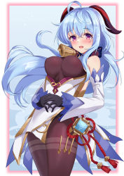 Rule 34 | 1girl, ahoge, bare shoulders, bell, black gloves, black legwear, blue hair, blush, bow, breasts, chinese knot, detached sleeves, flower knot, ganyu (genshin impact), genshin impact, gloves, gold trim, highres, horns, itaba atsushi, long hair, looking at viewer, low ponytail, medium breasts, neck bell, open mouth, own hands clasped, own hands together, pelvic curtain, purple eyes, red rope, rope, sidelocks, smile, solo, standing, tassel, thighlet, vision (genshin impact), waist cape, white sleeves