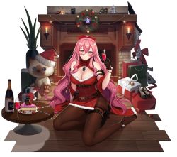 Rule 34 | 1girl, absurdres, alpha transparency, bag, bare shoulders, black gloves, blush, bottle, breasts, candle, cat, christmas, cleavage, counter:side, cup, fireplace, gift, gloves, gun, hair between eyes, hair ornament, hat, highres, holding, holding cup, jewelry, large breasts, long hair, looking at viewer, necklace, official alternate costume, official art, pantyhose, pink hair, plant, santa hat, shoes, unworn shoes, shopping bag, shotgun shell, solo, sparkle, table, transparent background, veronica (counter:side), weapon, wine bottle, wooden floor, wreath, yellow eyes