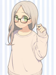 Rule 34 | 1girl, blush, glasses, green eyes, highres, long hair, looking at viewer, original, oza watto, silver hair, simple background, smile, solo, sweater