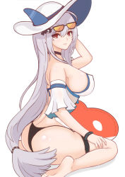 Rule 34 | 1girl, arknights, ass, bare legs, bare shoulders, barefoot, black choker, blush, breasts, choker, commentary request, eyewear on head, hair between eyes, hat, highres, large breasts, lieyan huangzi, long hair, looking at viewer, low-tied long hair, official alternate costume, parted lips, red eyes, silver hair, simple background, sitting, skadi (arknights), skadi (waverider) (arknights), smile, solo, sun hat, sunglasses, thigh strap, thighs, very long hair, white background, white hat, yokozuwari