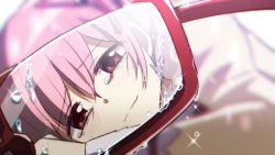 Rule 34 | 1girl, arm at side, backlighting, blurry, blurry background, blush, close-up, closed mouth, commentary request, crying, crying with eyes open, depth of field, dot nose, furrowed brow, glasses, glowing, hair between eyes, half-closed eyes, hand rest, highres, kaname madoka, light smile, looking at viewer, lying, mahou shoujo madoka magica, mahou shoujo madoka magica (anime), mitakihara school uniform, momo tomato, on side, partial commentary, pink eyes, pink hair, pov, red-framed eyewear, sad, school uniform, semi-rimless eyewear, solo, tears, twitter username, uniform, upper body, wet