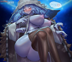 Rule 34 | ..., 1girl, alternate breast size, anger vein, artist name, blue hair, blue skin, blush, breasts, brown thighhighs, cloak, closed eyes, closed mouth, colored skin, crossed legs, elden ring, extra arms, fur cloak, hat, large breasts, nipples, niur, ranni the witch, short hair, sitting, solo, spoken ellipsis, thighhighs, white hat, witch hat