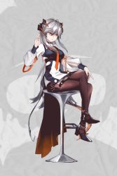 Rule 34 | 1girl, alternate costume, animated, animated gif, arknights, black footwear, blinking, brown pantyhose, crossed legs, dress, grey background, grey hair, hamilundenongdizhe, hand up, high heels, horns, long sleeves, looking at viewer, orange eyes, pantyhose, saria (arknights), sitting, solo, tail, thighs, white dress