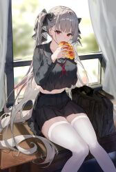Rule 34 | 1girl, absurdres, azur lane, black bag, black serafuku, black shirt, black skirt, breasts, commentary request, crop top, food, food in mouth, formidable (azur lane), formidable (the lover&#039;s heart flutters on duty) (azur lane), grey hair, hair ornament, highres, holding, holding food, indoors, long hair, long sleeves, looking at viewer, maanu, midriff, navel, neckerchief, official alternate costume, on table, pleated skirt, red eyes, red neckerchief, school uniform, serafuku, shirt, sitting, skindentation, skirt, solo, table, thighhighs, thighs, twintails, very long hair, white thighhighs, zettai ryouiki