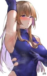 Rule 34 | 1girl, arm behind head, arm up, armpits, bare shoulders, blue gloves, blue leotard, blush, breasts, brown hair, cleavage, cleavage cutout, clothing cutout, covered navel, elbow gloves, gloves, hair between eyes, highleg, highleg leotard, highres, karinto yamada, large breasts, leotard, long hair, looking ahead, original, parted lips, presenting armpit, purple eyes, sidelocks, signature, simple background, solo, steaming body, strapless, strapless leotard, sweat, upper body, white background