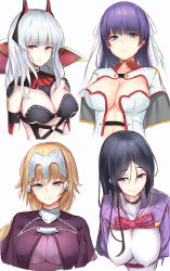 Rule 34 | 4girls, black hair, blonde hair, blue eyes, borushichi, breasts, breasts apart, brown eyes, carmilla (fate), chain, cleavage, collarbone, detached sleeves, fate/grand order, fate (series), hair between eyes, hair ribbon, highres, jeanne d&#039;arc (fate), jeanne d&#039;arc (ruler) (fate), large breasts, leaning forward, long hair, looking at viewer, martha (fate), midriff, minamoto no raikou (fate), multiple girls, ponytail, purple hair, ribbon, silver hair, simple background, sketch, smile, stomach, upper body, white background, white ribbon