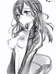 Rule 34 | 1girl, bad id, bad pixiv id, blush, breasts, closed mouth, greyscale, hair between eyes, highres, ichinose uruha, jacket, long hair, looking at viewer, lupinus virtual games, medium breasts, monochrome, naked jacket, nanashi (nlo), nipples, no bra, open clothes, open jacket, puffy nipples, simple background, solo, upper body, virtual youtuber, vspo!, white background