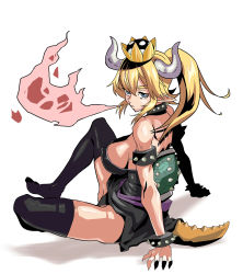 Rule 34 | 1girl, absurdres, arm support, armlet, arms behind back, back, bare shoulders, black collar, black leotard, black thighhighs, blonde hair, blue eyes, bowsette, bracelet, breasts, breath weapon, breathing fire, chinese commentary, collar, commentary request, covered erect nipples, crotch, crown, eyebrows, fingernails, fire, full body, ga320aaa, highleg, highleg leotard, highres, horns, jewelry, knee up, large breasts, legs, leotard, long hair, looking at viewer, mario (series), new super mario bros. u deluxe, nintendo, parted lips, pointy ears, ponytail, sharp fingernails, shell, shoulder blades, sideboob, sidelocks, simple background, sitting, solo, spiked bracelet, spiked collar, spikes, strapless, strapless leotard, super crown, tail, thighhighs, thighs, white background
