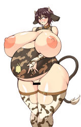 Rule 34 | 10s, 1girl, animal ears, animal print, bare shoulders, bell, blush, breastless clothes, breasts, breasts out, brown eyes, brown hair, censored, collar, cow ears, cow girl, cow horns, cow print, cow tail, elbow gloves, female focus, gigantic breasts, gloves, horns, idolmaster, idolmaster cinderella girls, jewelry, large areolae, nipples, no bra, no panties, oikawa shizuku, plump, pregnant, puffy nipples, renges, ring, short hair, simple background, smile, solo, standing, tail, thighhighs, wedding ring, white background, wide hips