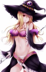 Rule 34 | 1girl, bare shoulders, black legwear, blonde hair, dorothy (shingeki no bahamut), finger to mouth, hat, jewelry, long hair, looking at viewer, midriff, navel, necklace, one eye closed, red eyes, shadowverse, shiira (nya rl), smile, solo, white background, witch, witch hat