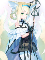 Rule 34 | 1girl, animal ear fluff, animal ears, arknights, bare shoulders, black gloves, blonde hair, blouse, blue hairband, braid, braided hair rings, closed mouth, commentary request, gloves, gradient hair, green eyes, grey background, hair rings, hairband, highres, holding, infection monitor (arknights), looking at viewer, multicolored hair, multiple tails, purple skirt, shirt, sidelocks, single glove, skirt, solo, suzuran (arknights), tail, twin braids, wasabi60, white hair, white shirt