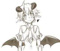 Rule 34 | 1girl, alp (monster girl encyclopedia), androgynous, bat wings, caleana, crop top, demon girl, flat chest, greyscale, head tilt, heart, horns, looking at viewer, low wings, monochrome, monster girl, monster girl encyclopedia, navel, necktie, pointy ears, short hair, simple background, smile, solo, demon girl, upper body, white background, wings
